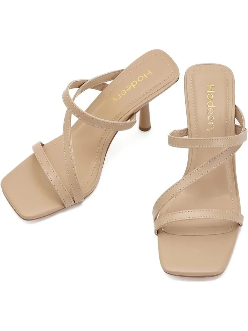 Women's Nude Faux Leather Square Toe Strappy 3 Inch Mules Stiletto High Heels